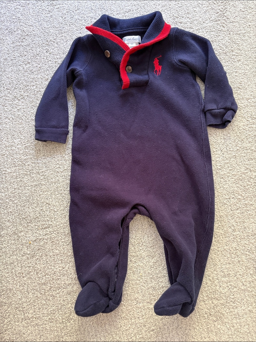 Ralph Lauren Navy One-Piece Footed Romper with Red Trim